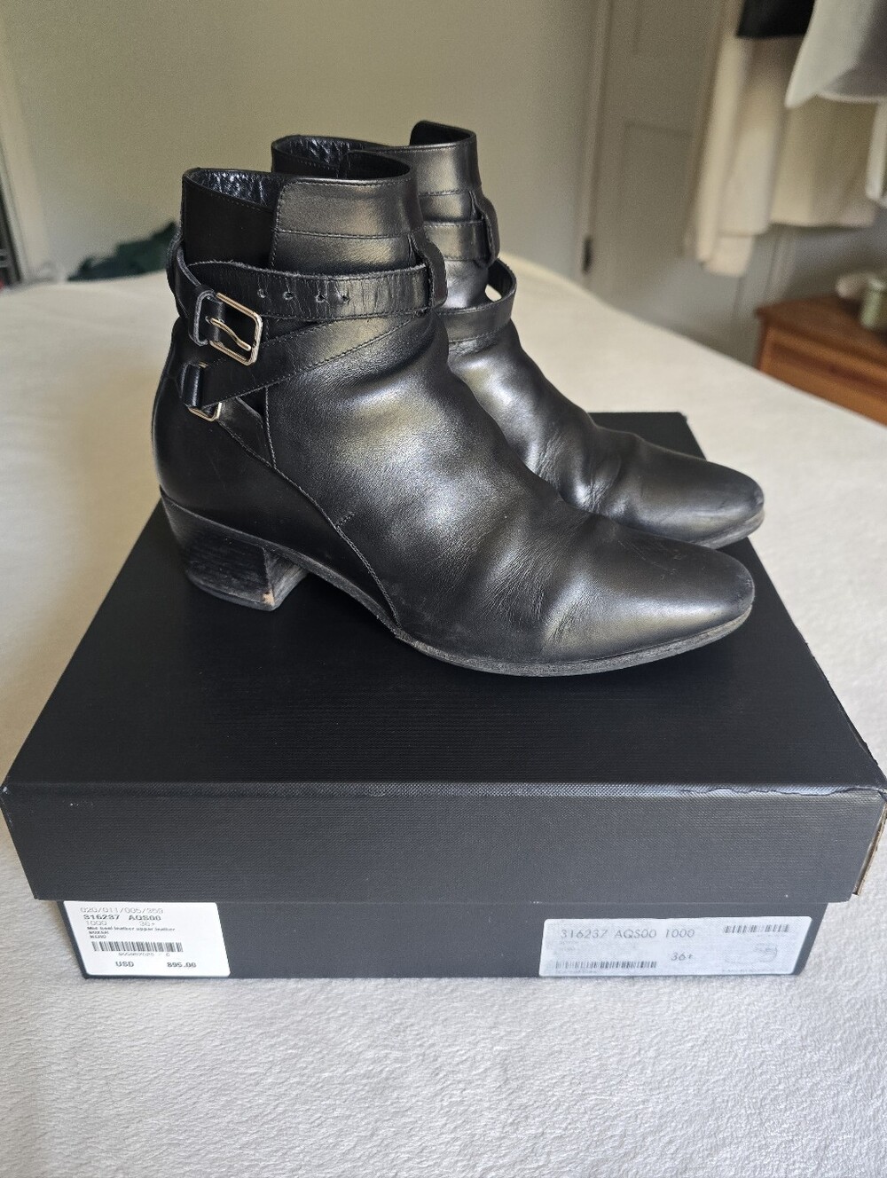 Saint Laurent Paris Mid Heel Black Leather Boots